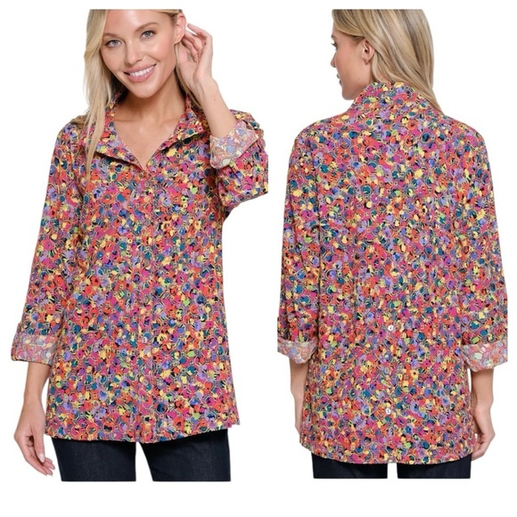JOHN MARK Multicolor Embroidered Eyelet Tunic Top Wire Collar Roll-Tab Sleeve M - Picture 1 of 12